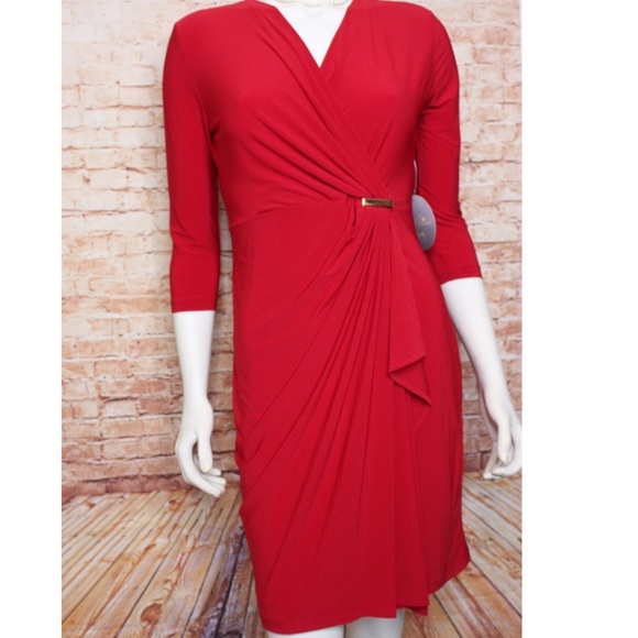 Emma & Michelle | Red Gathered Surplice Dress - Picture 4 of 13